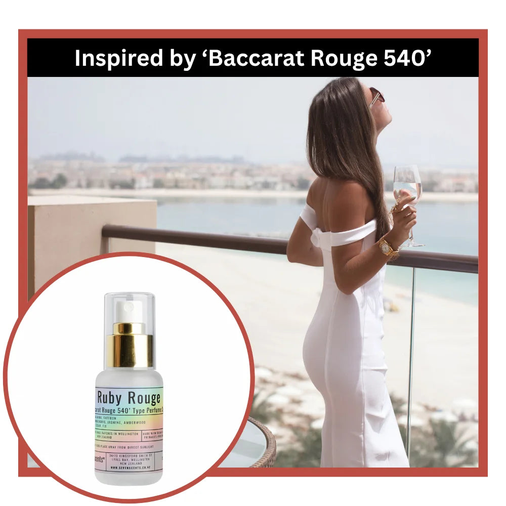 Woman in a white dress on a balcony with a bottle of 'Ruby Rouge' perfume inset, inspired by Baccarat Rouge 540