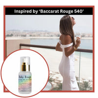 Woman in a white dress on a balcony with a bottle of 'Ruby Rouge' perfume inset, inspired by Baccarat Rouge 540