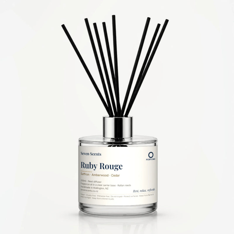 Ruby Rouge Reed Diffuser by Seven Scents - 200ml clear glass bottle with black reeds and a silver collar