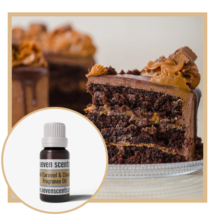Salted caramel and chocolate fragrance oil bottle with a chocolate cake with caramel frosting