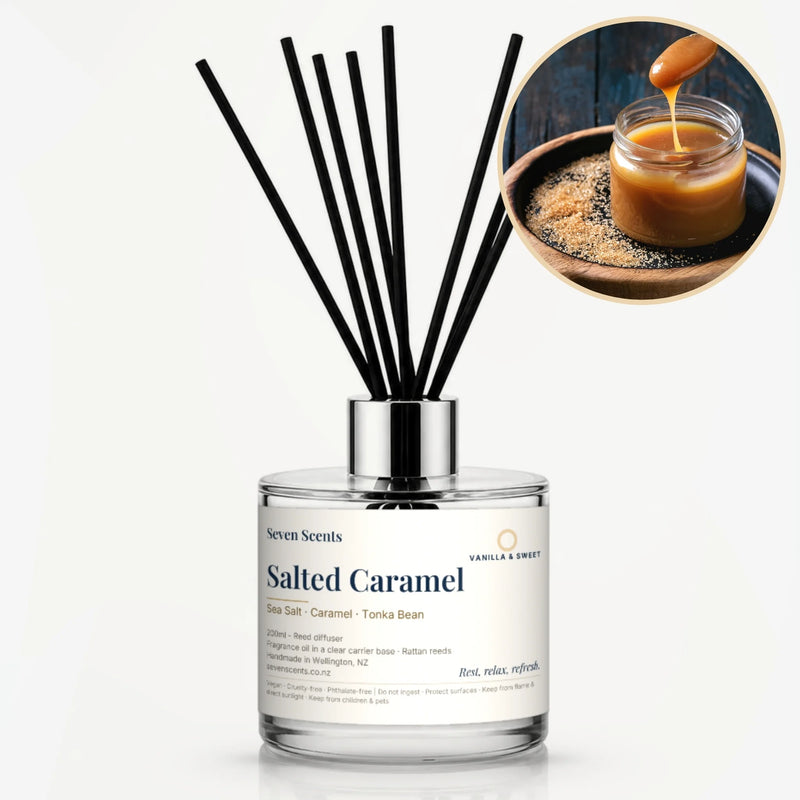 Salted Caramel Reed Diffuser by Seven Scents - glass bottle with a jar of caramel sauce and brown sugar