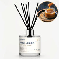 Salted Caramel Reed Diffuser by Seven Scents - glass bottle with a jar of caramel sauce and brown sugar