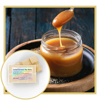 Jar of salted caramel sauce with a spoon pouring it, next to a package of salted caramel wax melts.