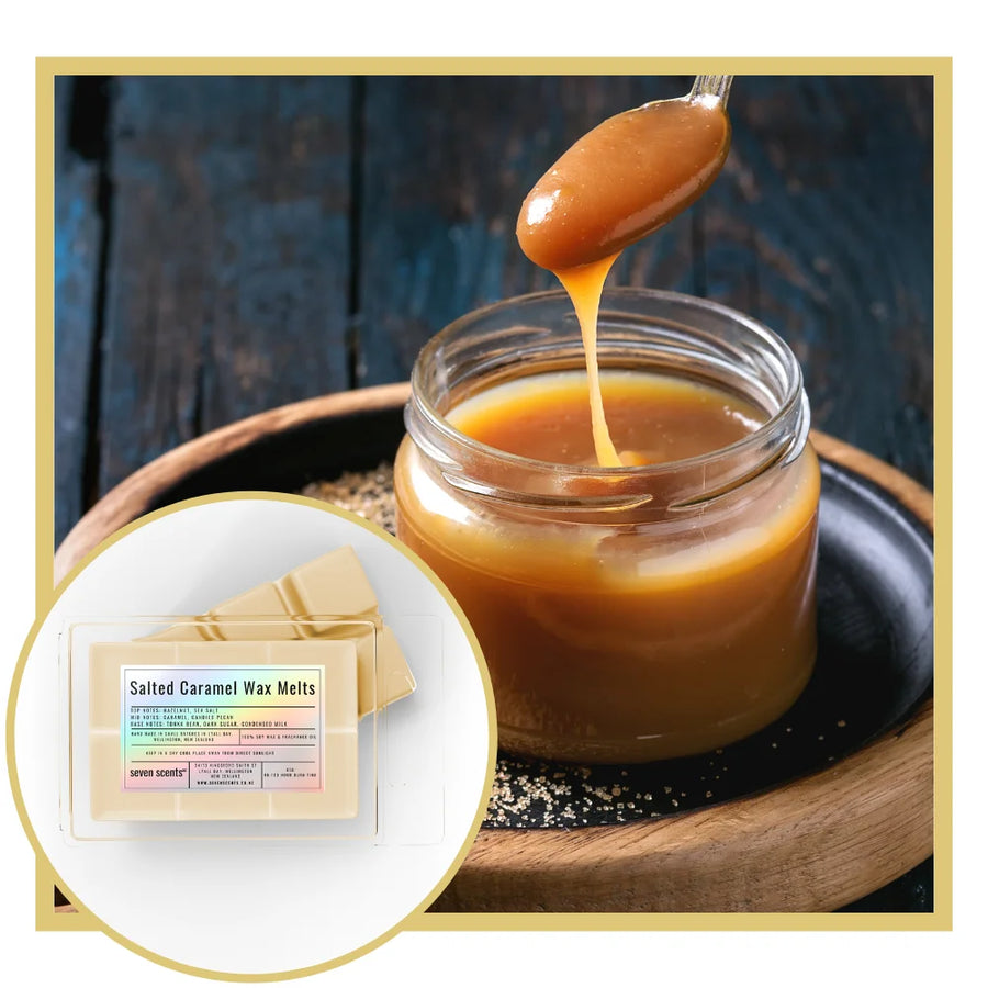 Jar of salted caramel sauce with a spoon pouring it, next to a package of salted caramel wax melts.
