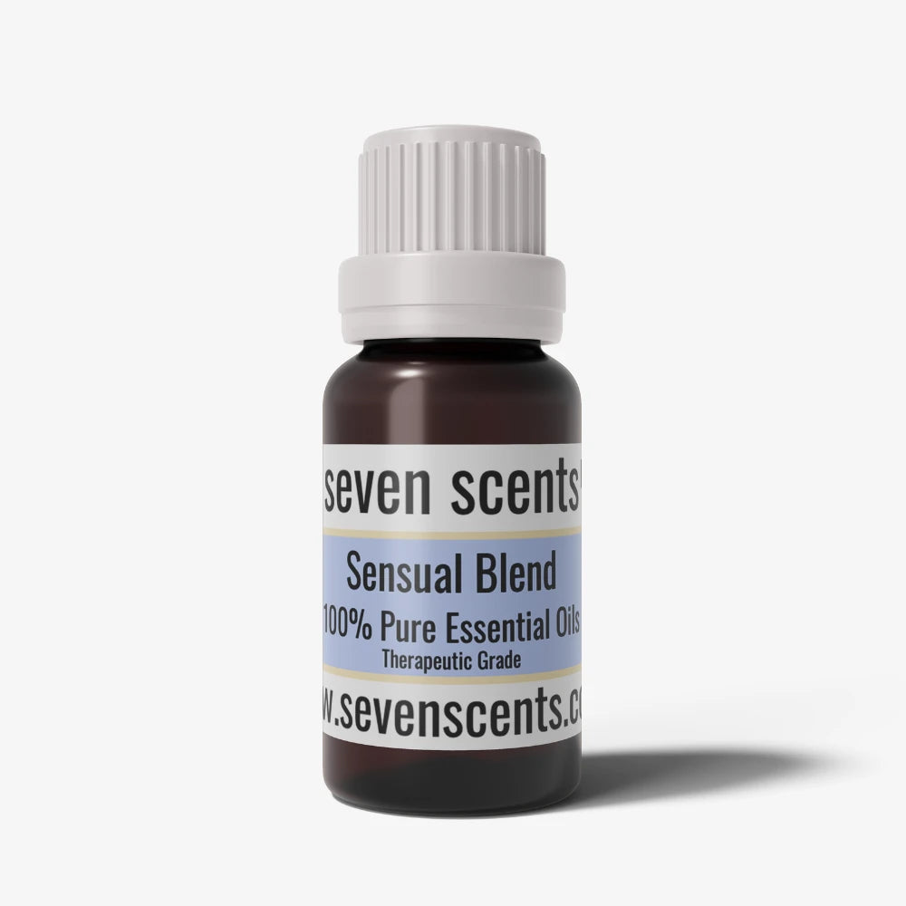 Sensual essential oil bottle by Seven Scents with a white cap on a white background