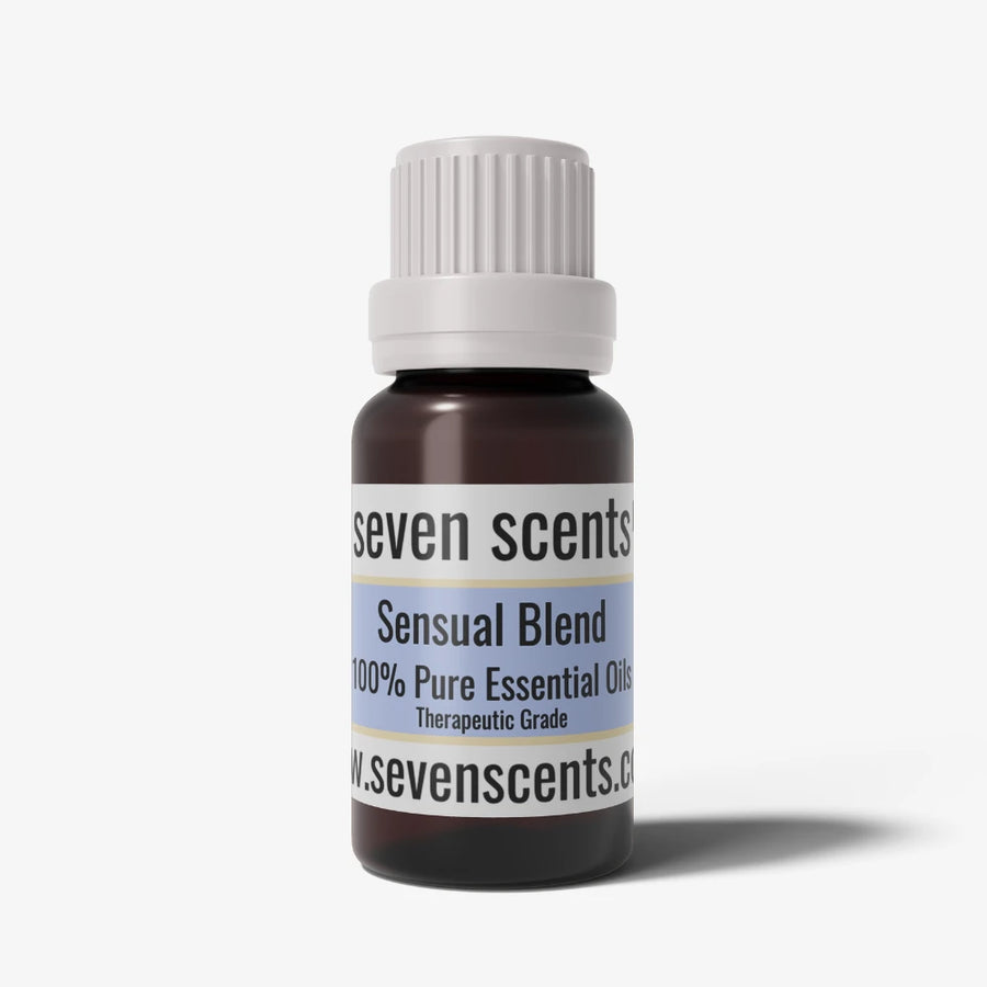 Sensual essential oil bottle by Seven Scents with a white cap on a white background