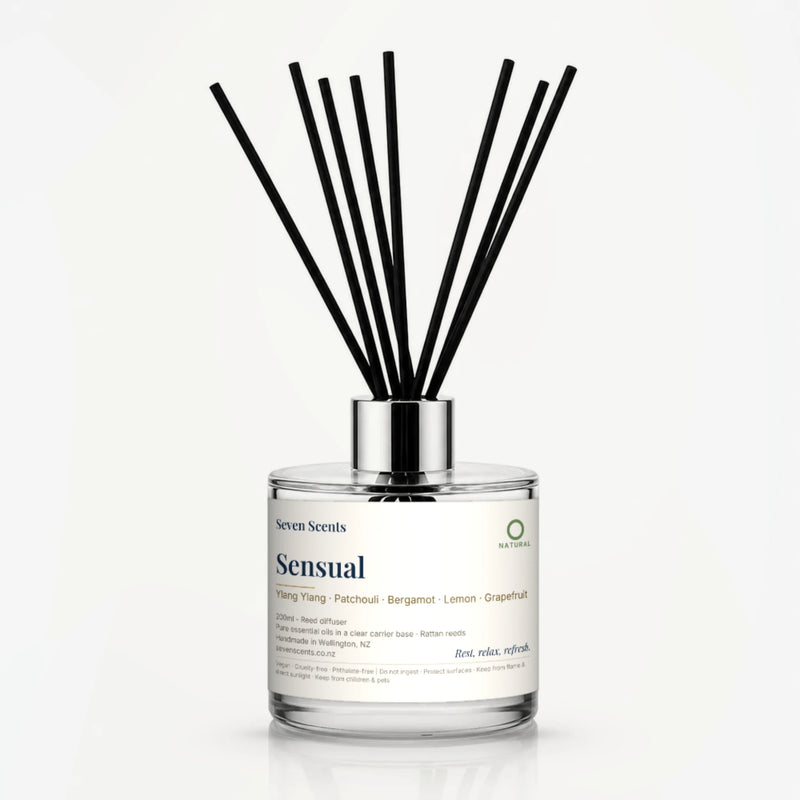 Sensual Reed Diffuser by Seven Scents - 200ml clear glass bottle with black reeds and a silver collar