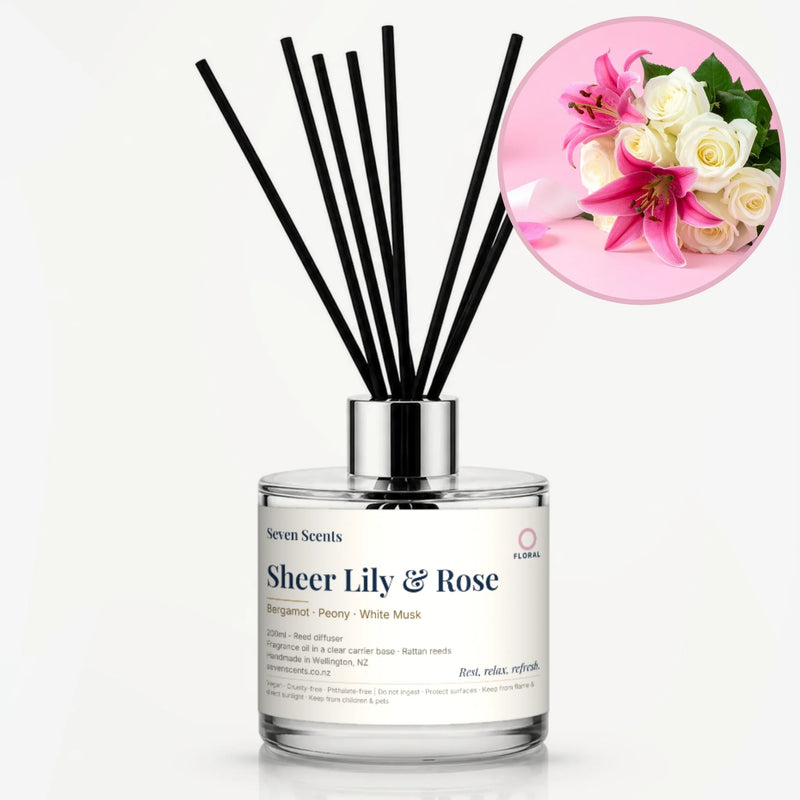 Sheer Lily & Rose Reed Diffuser by Seven Scents - glass bottle with pink lilies and white roses