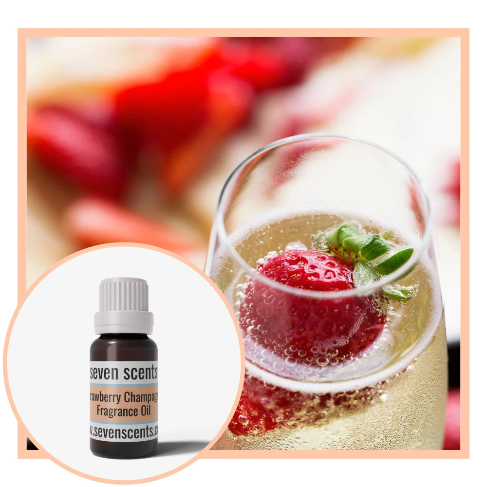 Strawberry Champagne fragrance oil with a glass of bubbly champagne with a strawberry