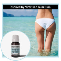 Person in white bikini standing in water with 'Seven Scents' summer daze fragrance oil bottle inset, labeled 'Inspired by Brazilian Bum Bum'.