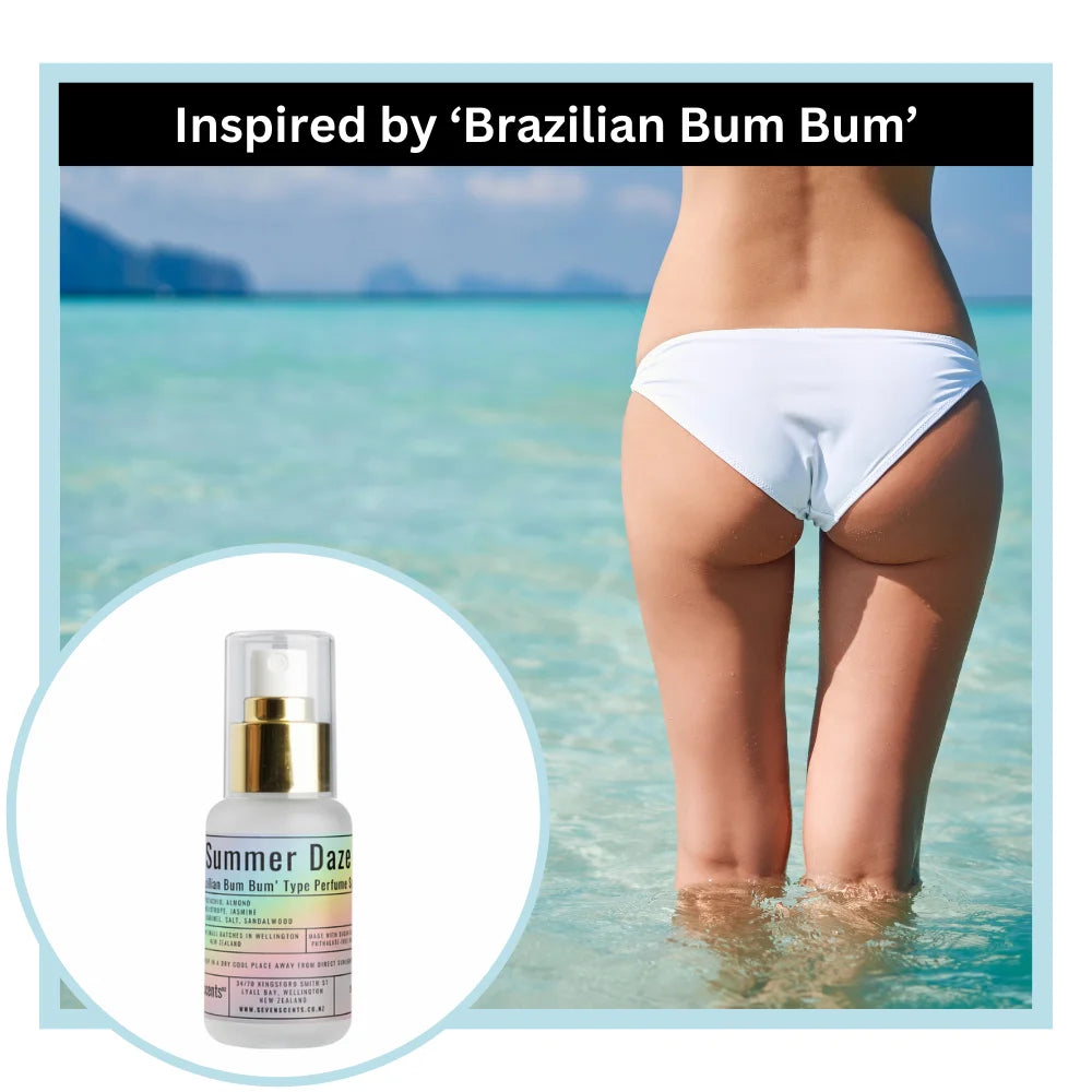 Person in white bikini bottom standing in water with 'Summer Daze' perfume, inspired by Brazilian Bum Bum