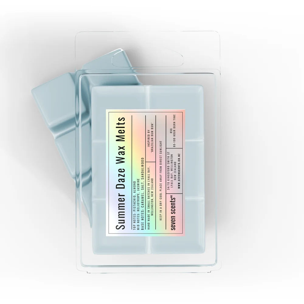 Pack of 'Summer Daze Wax Melts' by seven scents on a white background