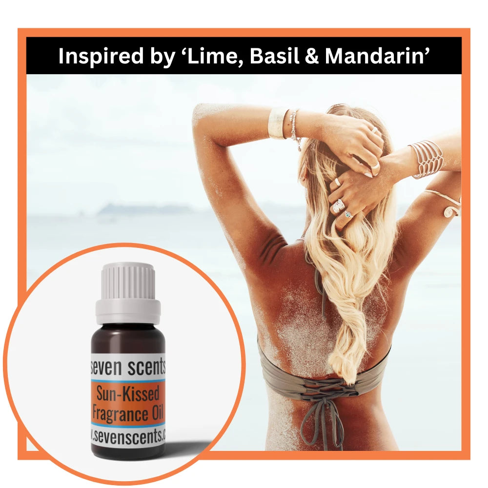 Seven Scents Sun-Kissed Fragrance Oil bottle with a woman in a bikini against a light blue sky.