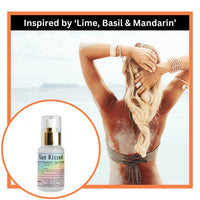 Woman with sun-kissed skin and a bottle of 'Sun Kissed' product inspired by Lime, Basil & Mandarin.