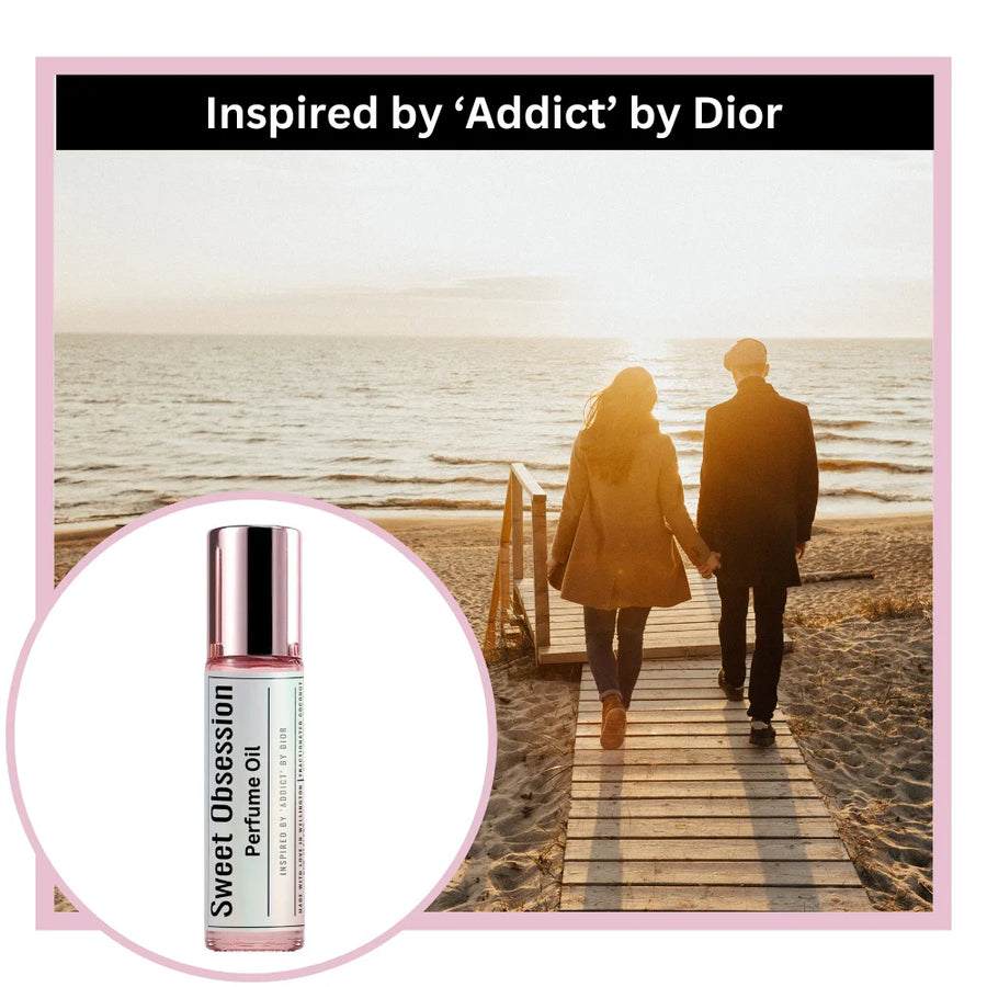 Two people walking on a wooden pier by the beach with sweet obsession perfume oil inspired by addict by Dior