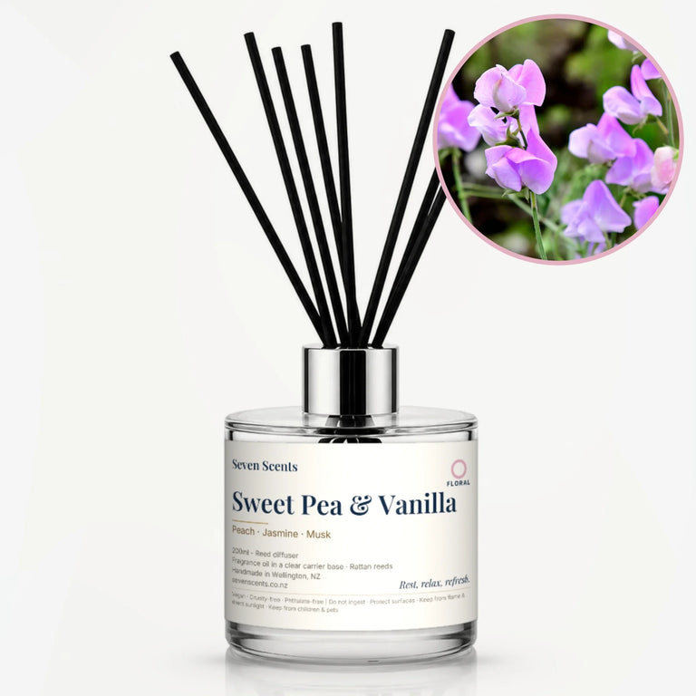 Sweet Pea and Vanilla Reed Diffuser by Seven Scents - glass bottle with pink and purple sweet pea flowers