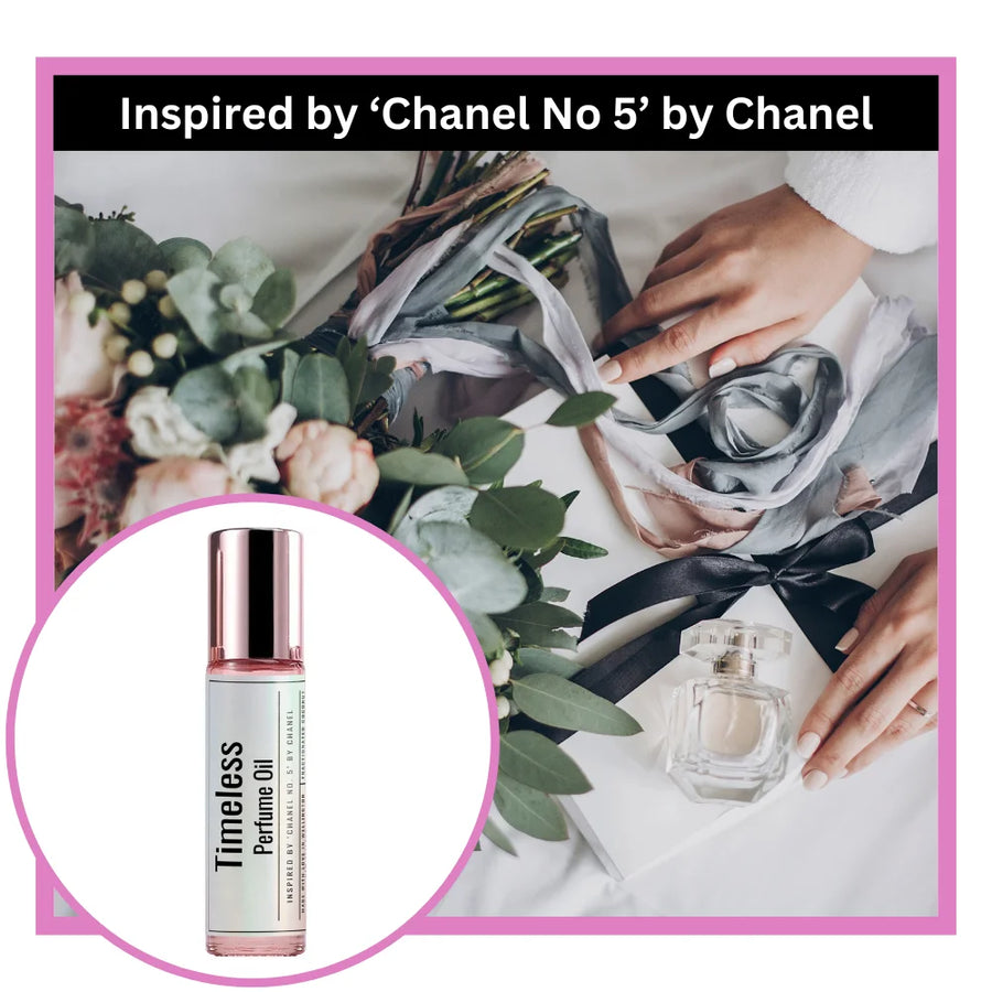 Timeless perfume oil bottle inspired by Chanel No 5 with floral and hand background