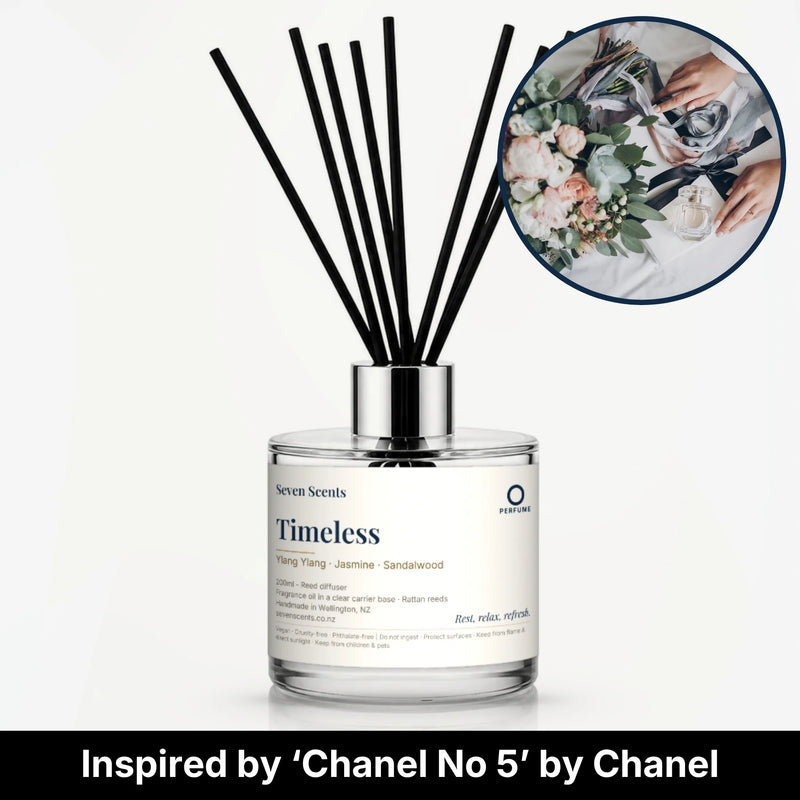 Timeless Reed Diffuser by Seven Scents - glass bottle with white roses, ribbon and a small perfume bottle