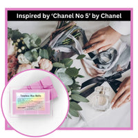 Product inspired by Chanel No 5 with timeless wax melts and a perfume bottle on a floral background.