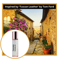 Toscana perfume oil bottle inspired by tuscan leather by tom ford with Tuscan street scene and flowers.