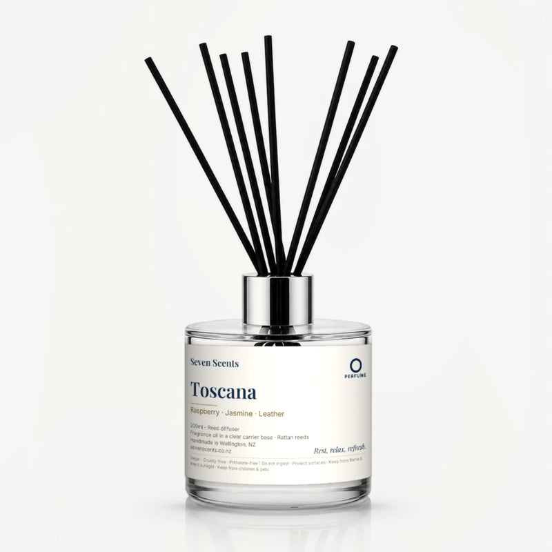 Toscana Reed Diffuser by Seven Scents - 200ml clear glass bottle with black reeds and a silver collar