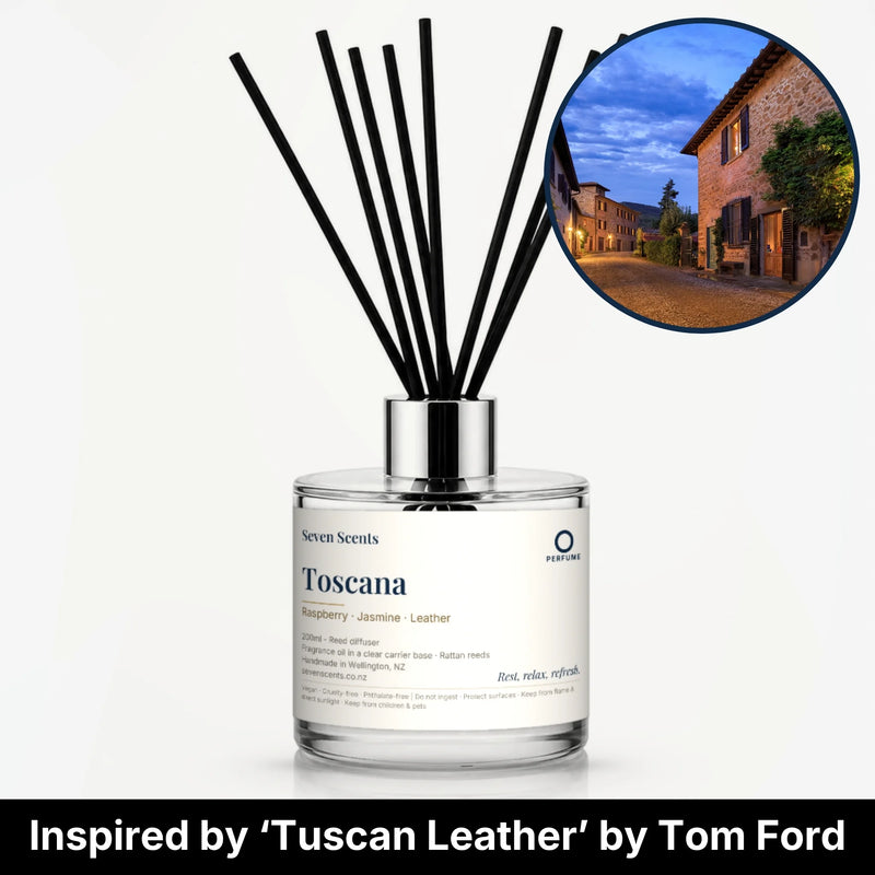 Toscana Reed Diffuser by Seven Scents - glass bottle with a Tuscan village street at dusk