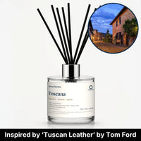 Toscana Reed Diffuser by Seven Scents - glass bottle with a Tuscan village street at dusk