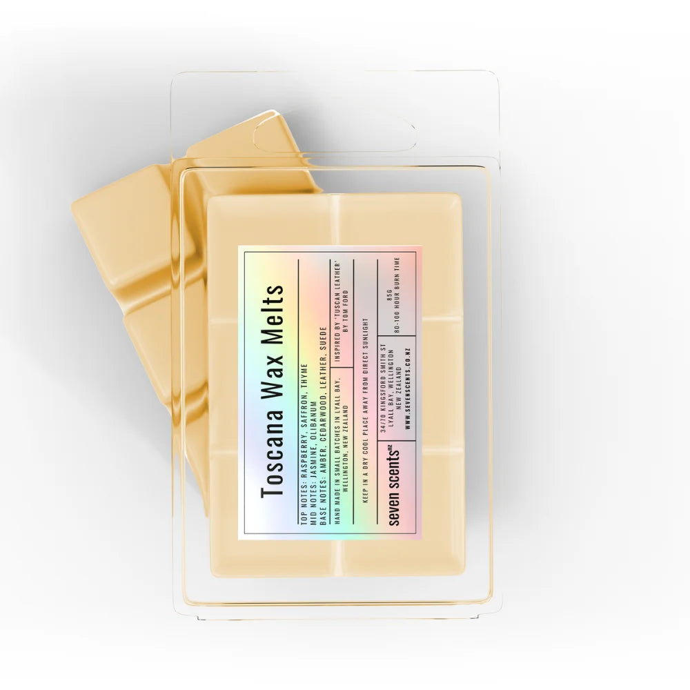 Pack of 'Toscana Wax Melts' by seven scents on a white background