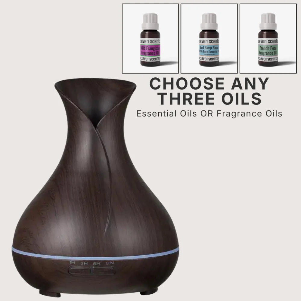 Tui tulip essential oil diffuser bundle with choice of 3 oils 12hr run time - Seven Scents NZ