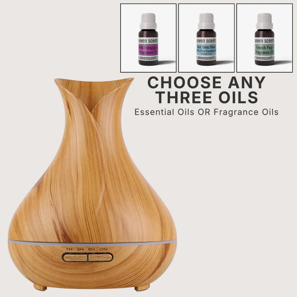 Tui tulip aromatherapy diffuser bundle with choice of 3 oils 12hr run time - Seven Scents NZ