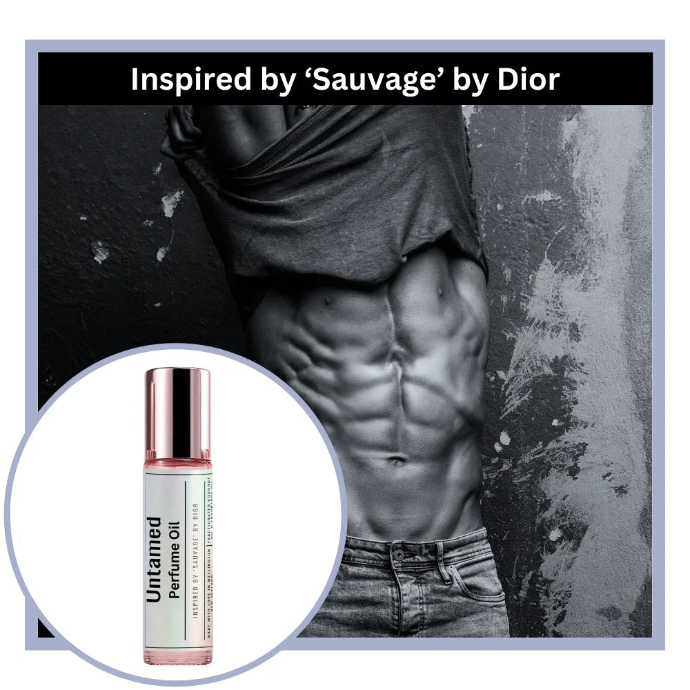 Untamed perfume oil bottle with a man's torso in the background, inspired by 'Sauvage' by Dior.
