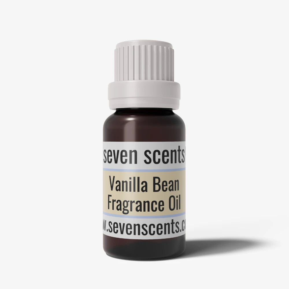 Vanilla bean fragrance oil bottle with a white cap on a white background