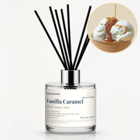 Vanilla Caramel Reed Diffuser by Seven Scents - glass bottle with vanilla ice cream and caramel sauce