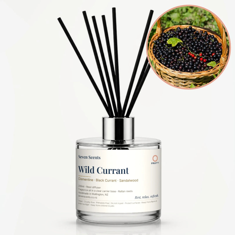 Wild Currant Reed Diffuser by Seven Scents - glass bottle with a basket of blackcurrants