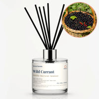 Wild Currant Reed Diffuser by Seven Scents - glass bottle with a basket of blackcurrants